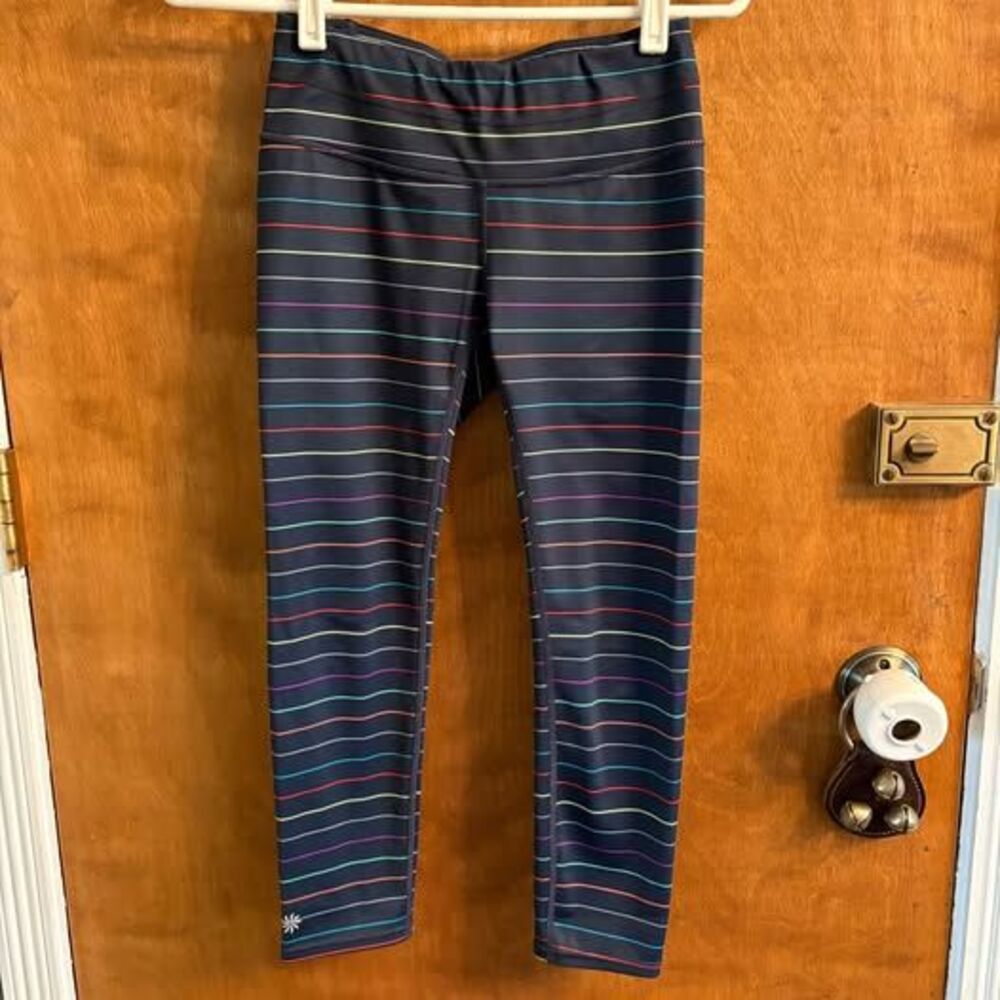 Athleta Navy Blue Thin Color Stripe 3/4 Leggings Athletic Yoga Sport Gym Hike XS